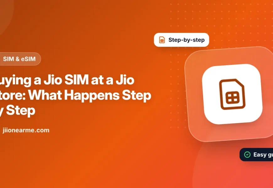 Illustration of a customer collecting a new Jio SIM card at a Jio Store counter