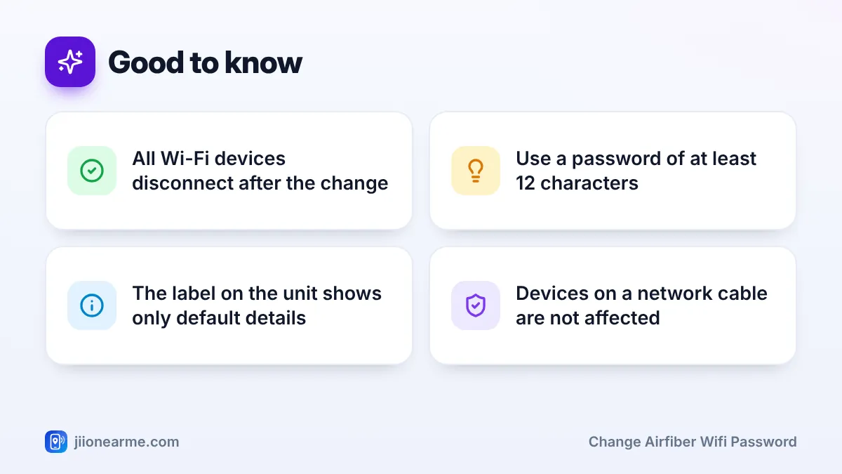 Good to know – key tips | Change AirFiber Wi-Fi password Good to know: 4 key tips infographic – How to Change Jio AirFiber Wi-Fi Name and Password