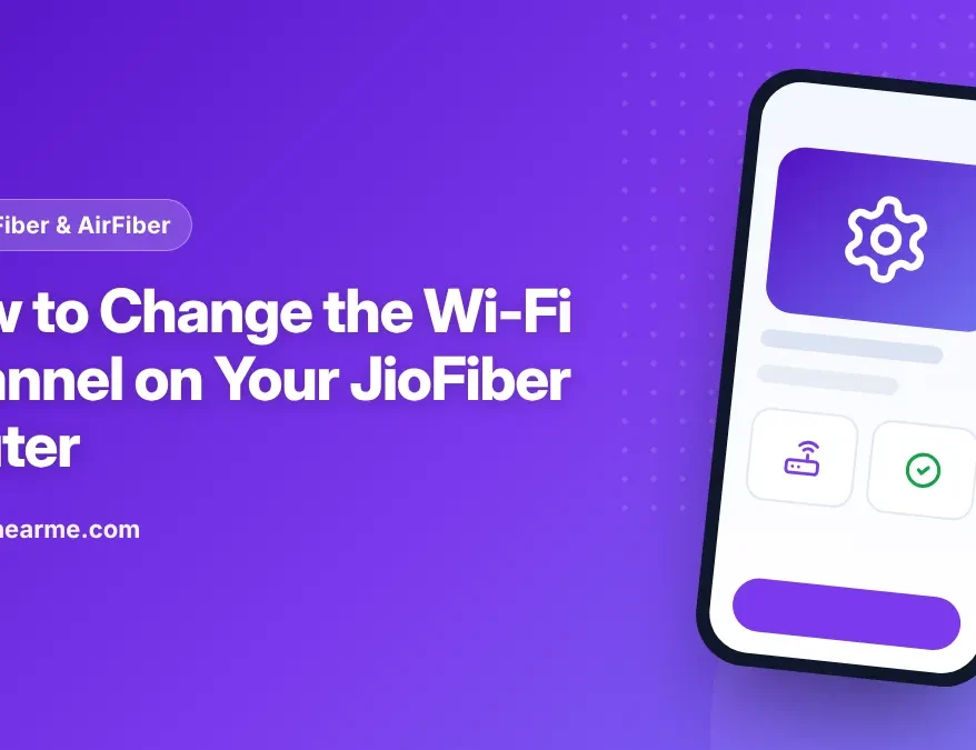 Illustration of a JioFiber router switching to a less crowded Wi-Fi channel in an apartment block