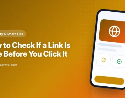 Illustration of a magnifying glass checking a web address on a phone screen