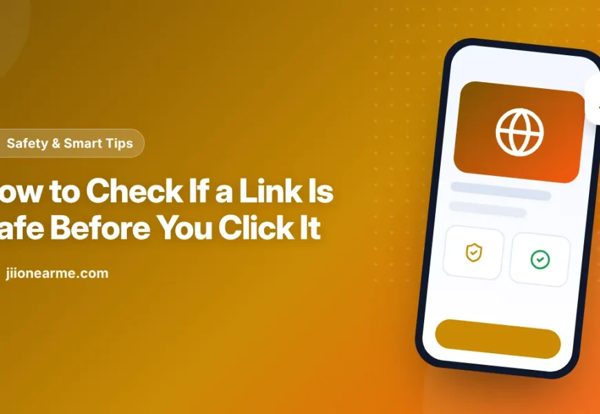 Illustration of a magnifying glass checking a web address on a phone screen
