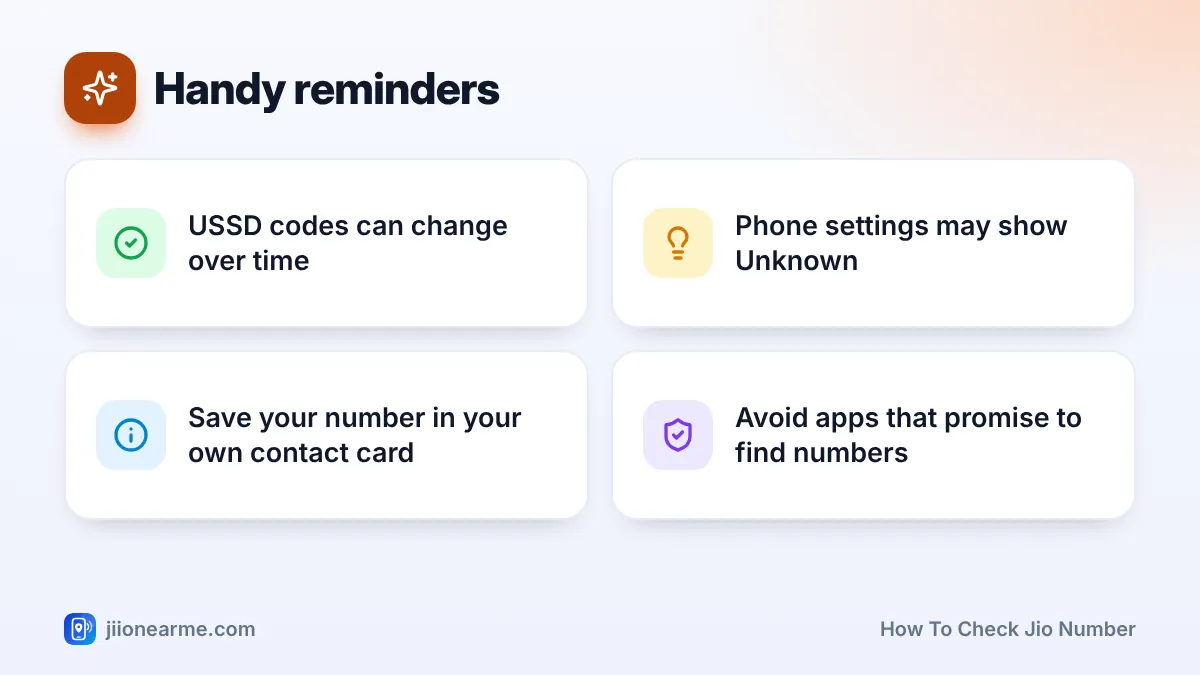 Handy reminders – key tips | How to check Jio number Handy reminders: 4 key tips infographic – How to Check Your Own Jio Mobile Number