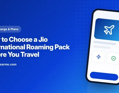 Illustration of a traveller choosing a Jio international roaming pack on a phone