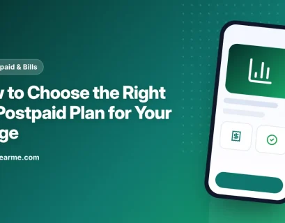 Illustration of a person comparing Jio postpaid plan types on a phone screen