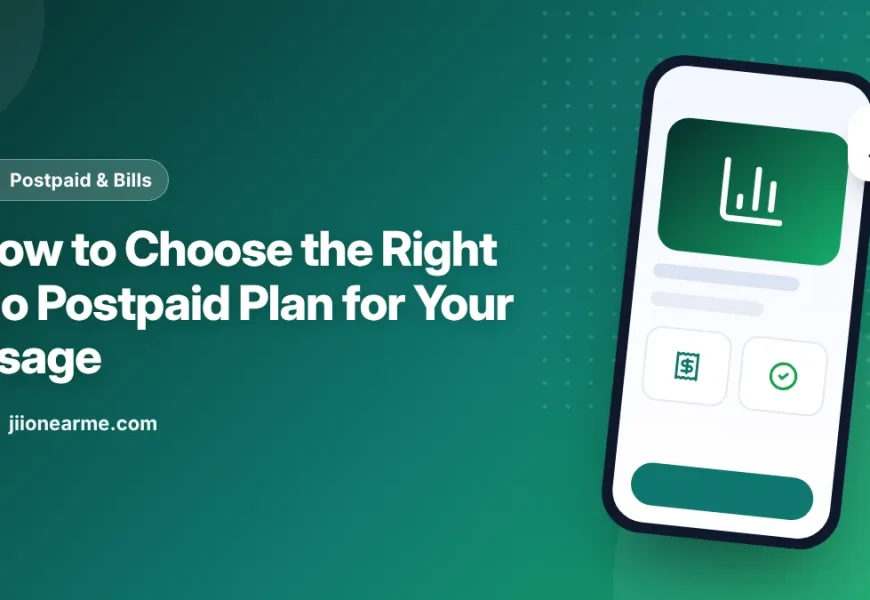 Illustration of a person comparing Jio postpaid plan types on a phone screen