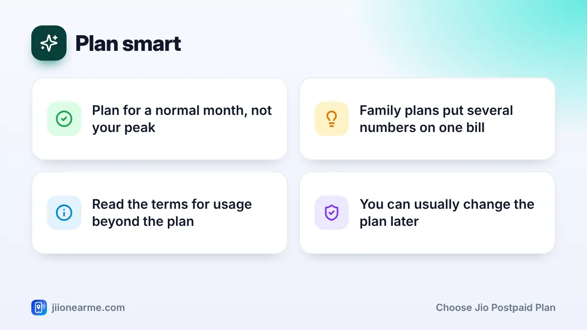 Plan smart: 4 key tips infographic – How to Choose the Right Jio Postpaid Plan for Your Usage