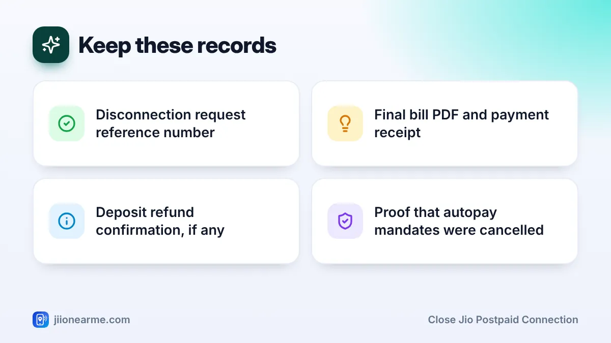 Keep these records – key tips | Close Jio postpaid connection Keep these records: 4 key tips infographic – How to Close a Jio Postpaid Connection the Right Way