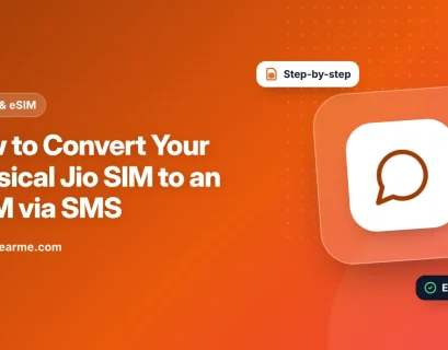 Illustration of a phone sending an SMS request to switch a plastic Jio SIM to an eSIM
