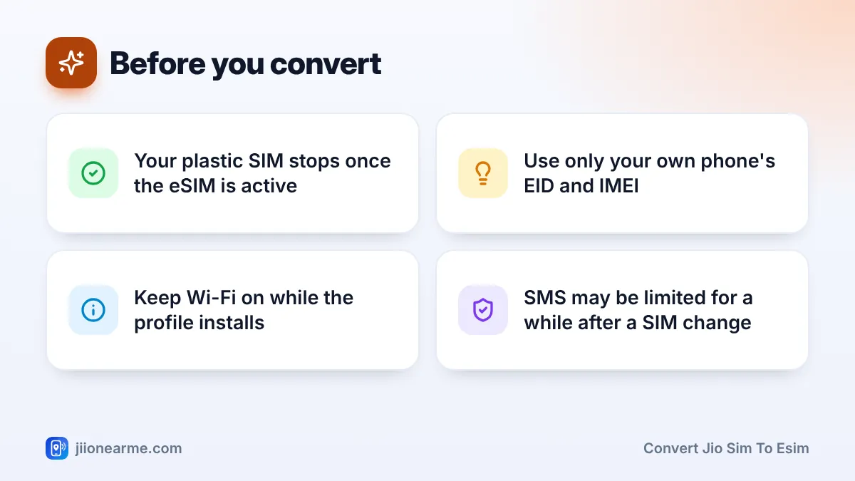Before you convert – key tips | Convert Jio SIM to eSIM Before you convert: 4 key tips infographic – How to Convert Your Physical Jio SIM to an eSIM via SMS