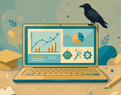 Laptop with blog dashboard, SEO charts, AI icons and graduation cap beside a crow silhouette for a crowjack.com review