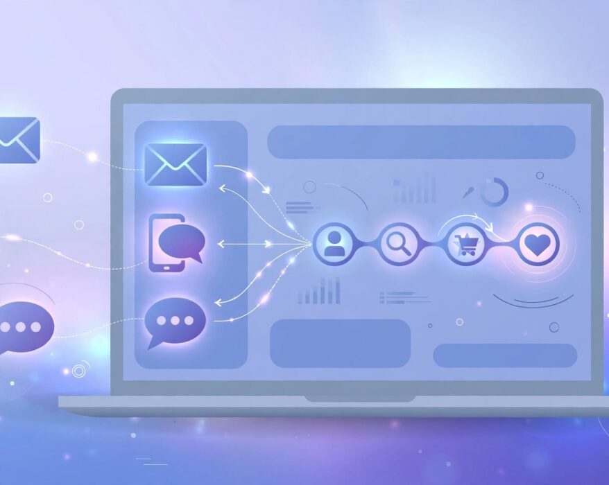 Marketing automation dashboard showing email, SMS and chat channels connected in one customer journey for a dotdigital.com review
