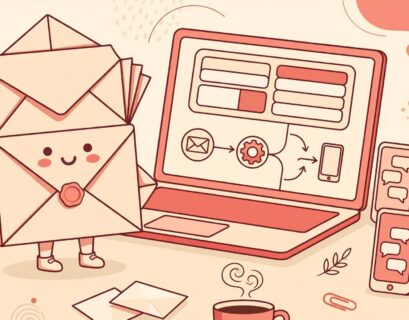 Laptop with email editor and automation workflow beside an envelope icon for an emailchef.com review