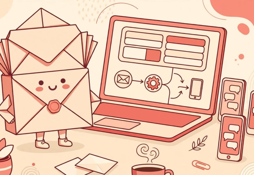 Laptop with email editor and automation workflow beside an envelope icon for an emailchef.com review