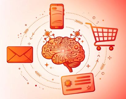 Shopping cart, phone, email and loyalty card icons connected to an AI brain for an emarsys.com review