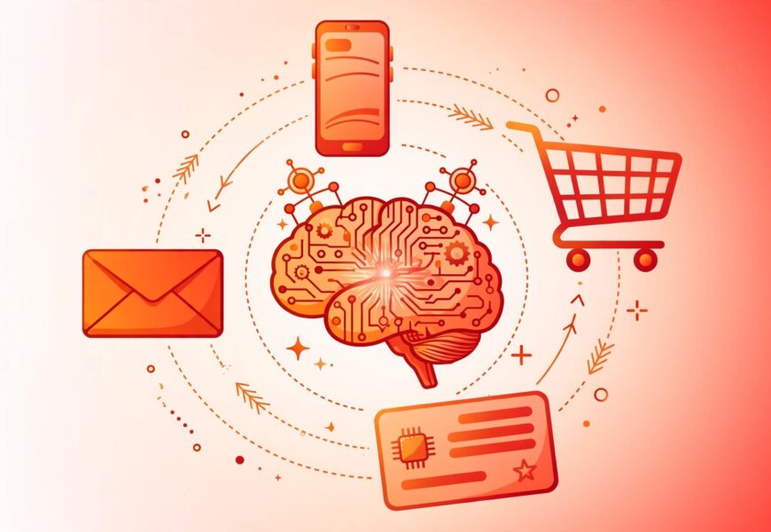 Shopping cart, phone, email and loyalty card icons connected to an AI brain for an emarsys.com review