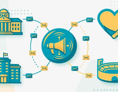 Illustration of a central email hub linked to university, nonprofit, hotel and sports icons with branded emails