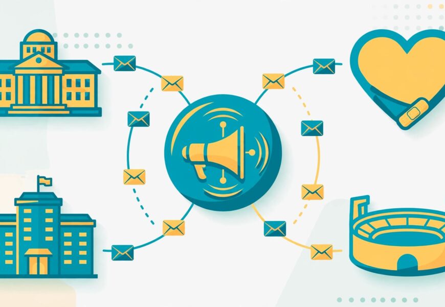 Illustration of a central email hub linked to university, nonprofit, hotel and sports icons with branded emails