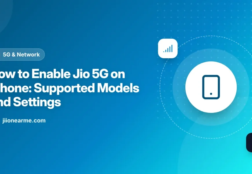 Illustration of an iPhone showing the Voice & Data screen with 5G options for a Jio line