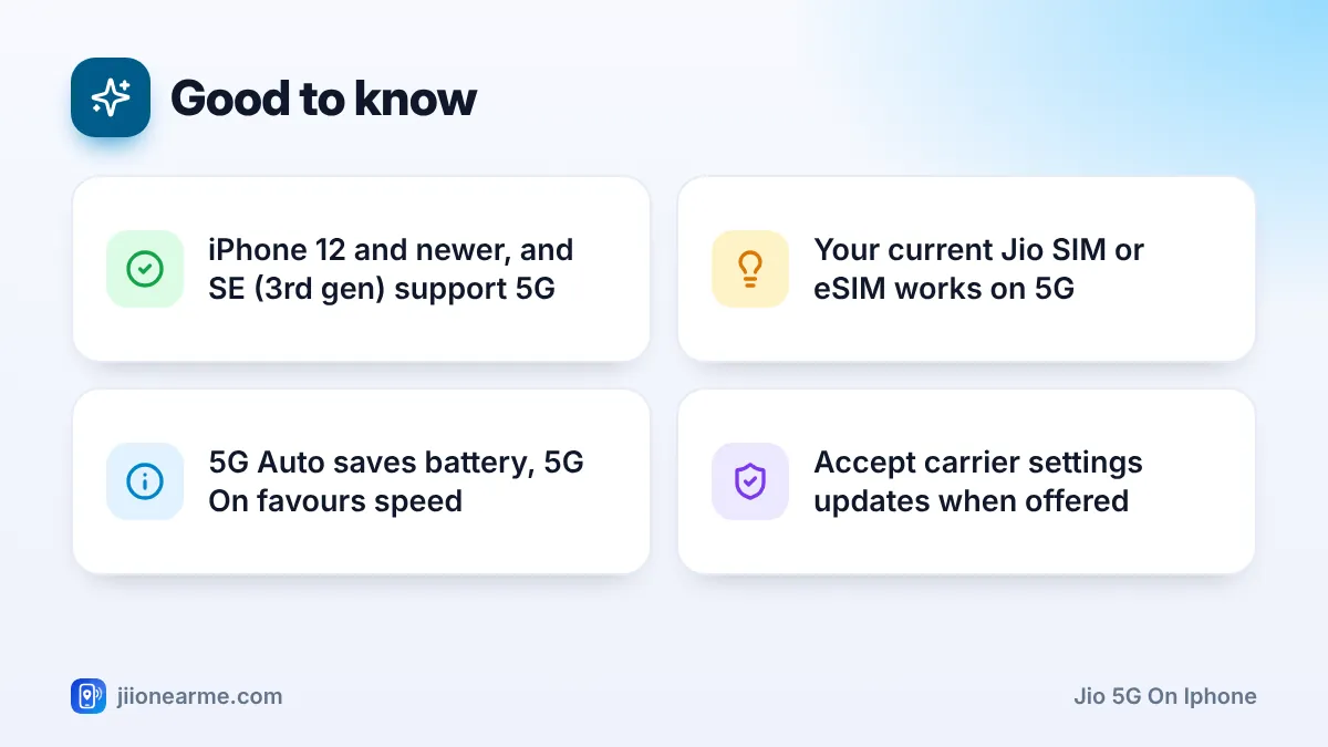 Good to know – key tips | Jio 5G on iPhone Good to know: 4 key tips infographic – How to Enable Jio 5G on iPhone