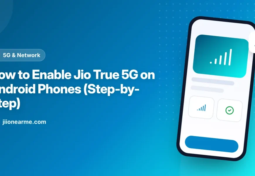 Illustration of an Android phone showing the 5G network type setting for a Jio SIM