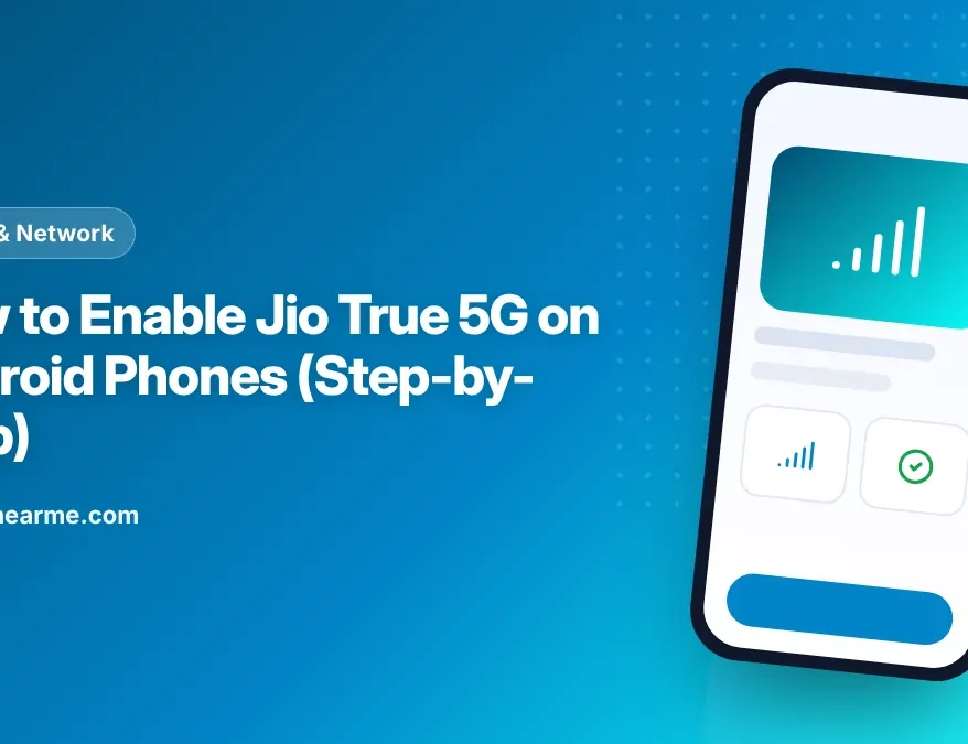 Illustration of an Android phone showing the 5G network type setting for a Jio SIM