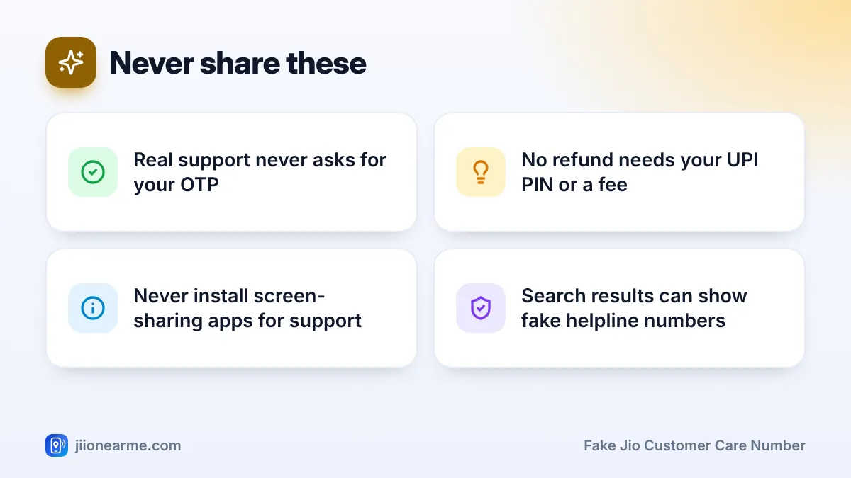 Never share these – key tips | Fake Jio customer care number Never share these: 4 key tips infographic – Fake Jio Customer Care Numbers