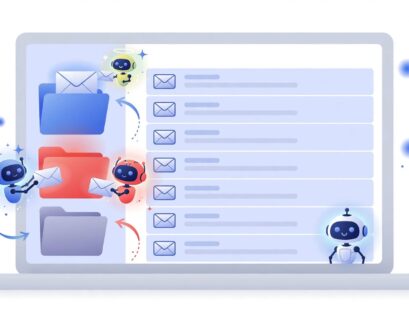 Illustration of a Gmail inbox with AI agent icons sorting emails into folders for a team