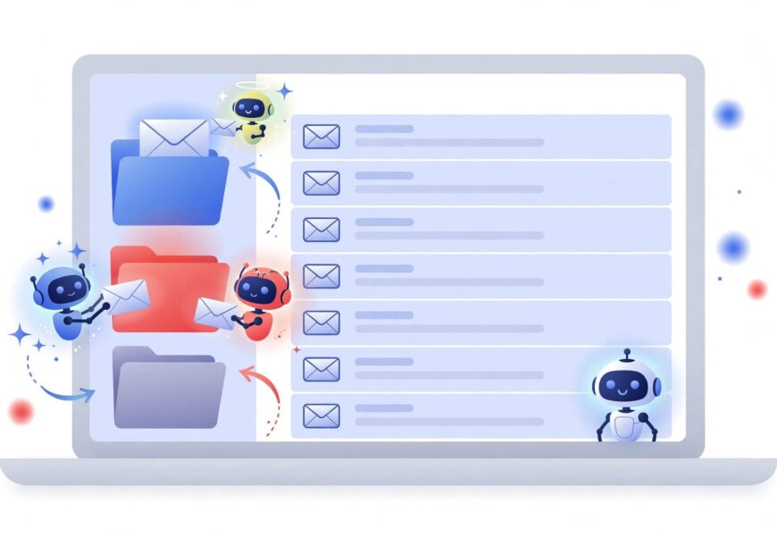 Illustration of a Gmail inbox with AI agent icons sorting emails into folders for a team