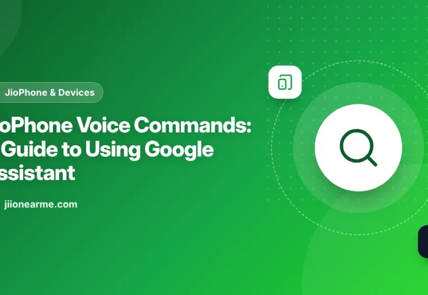 Illustration of a JioPhone keypad phone listening to a Google Assistant voice command