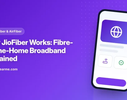 Diagram-style illustration of light travelling through a fibre cable to a JioFiber router