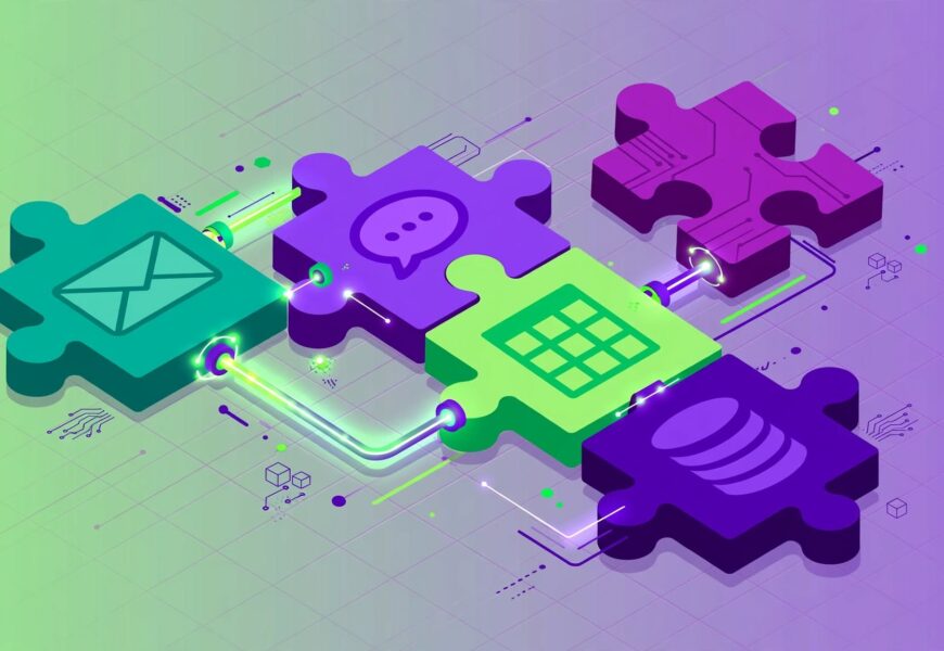 Colourful puzzle pieces connecting app icons in an automation flow for an activepieces.com review