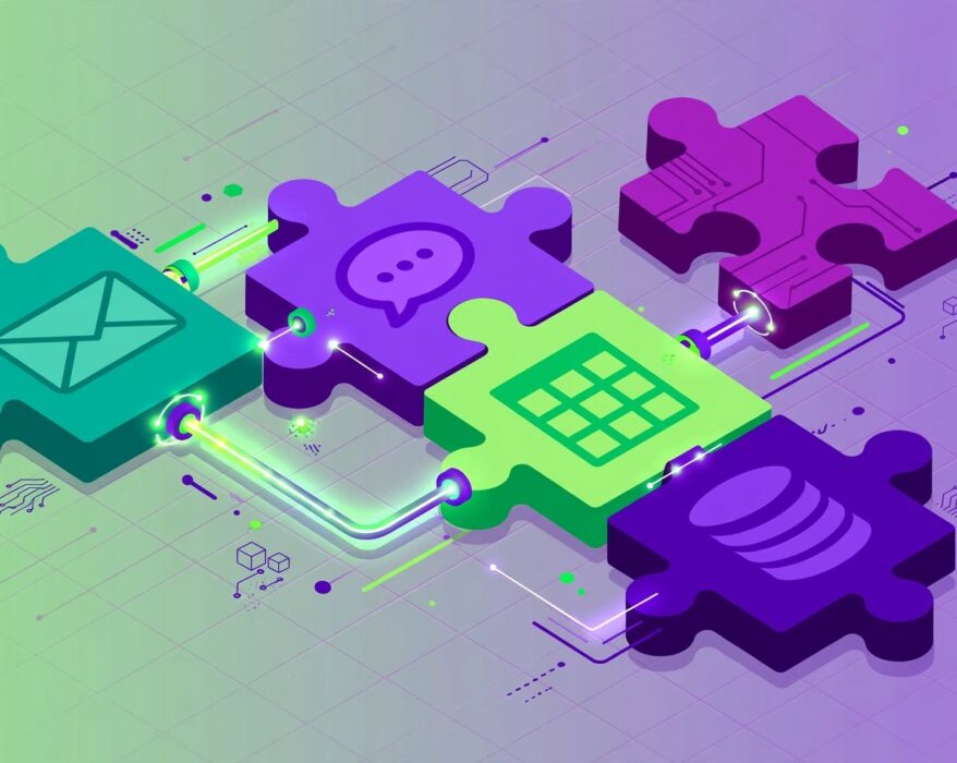Colourful puzzle pieces connecting app icons in an automation flow for an activepieces.com review