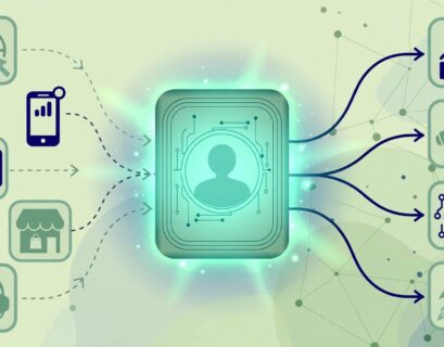 Data icons from web, mobile and store merging into one customer profile card for a cdp.com review