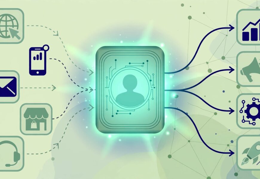 Data icons from web, mobile and store merging into one customer profile card for a cdp.com review