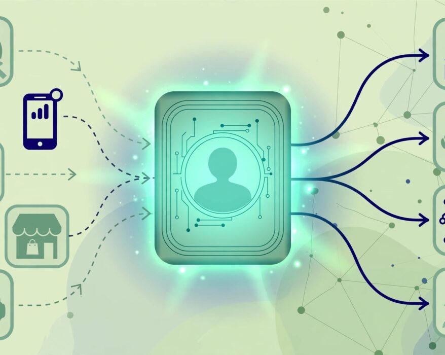 Data icons from web, mobile and store merging into one customer profile card for a cdp.com review