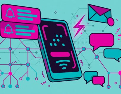 Smartphone with notification cards and a branching journey flowchart for a braze.com review