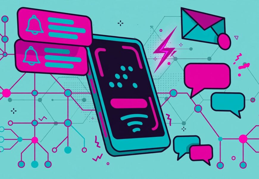 Smartphone with notification cards and a branching journey flowchart for a braze.com review