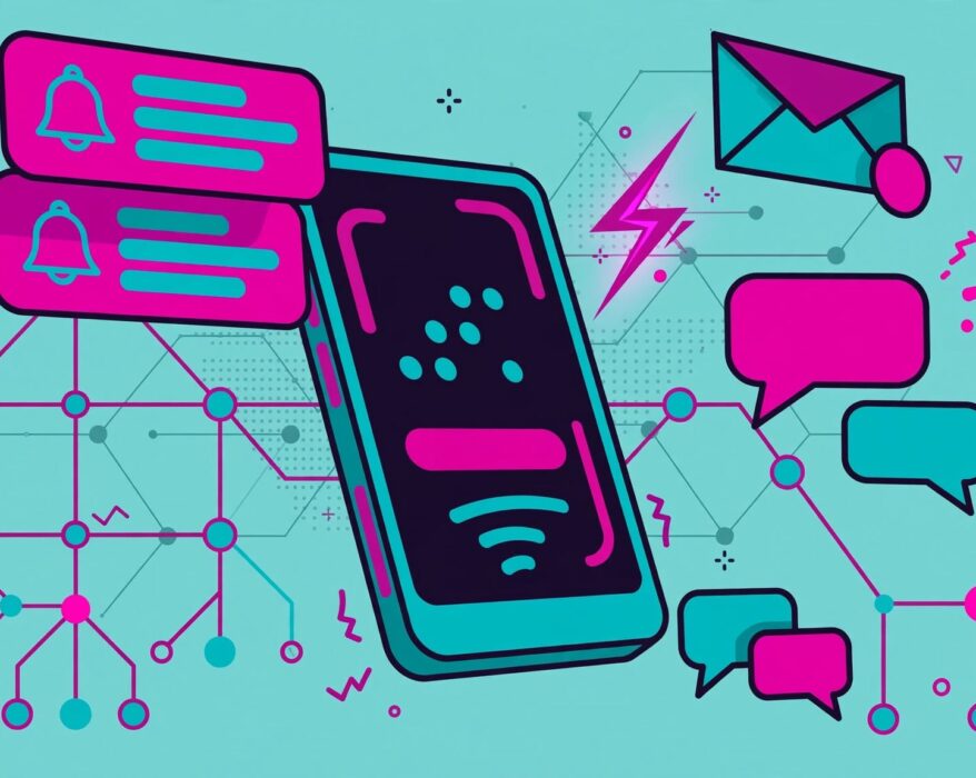 Smartphone with notification cards and a branching journey flowchart for a braze.com review