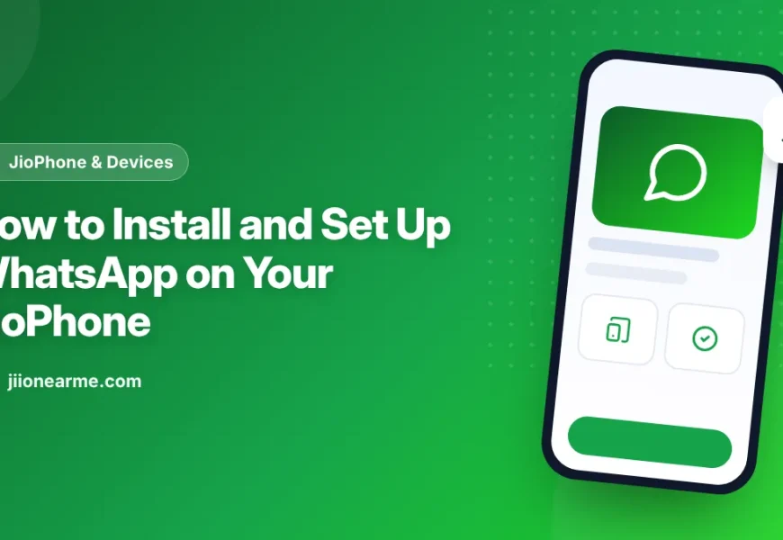 Illustration of a JioPhone keypad phone showing the WhatsApp chat list