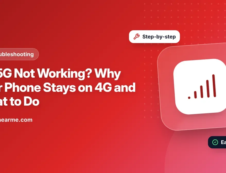 Illustration of a 5G phone showing a 4G icon next to a checklist of Jio 5G fixes