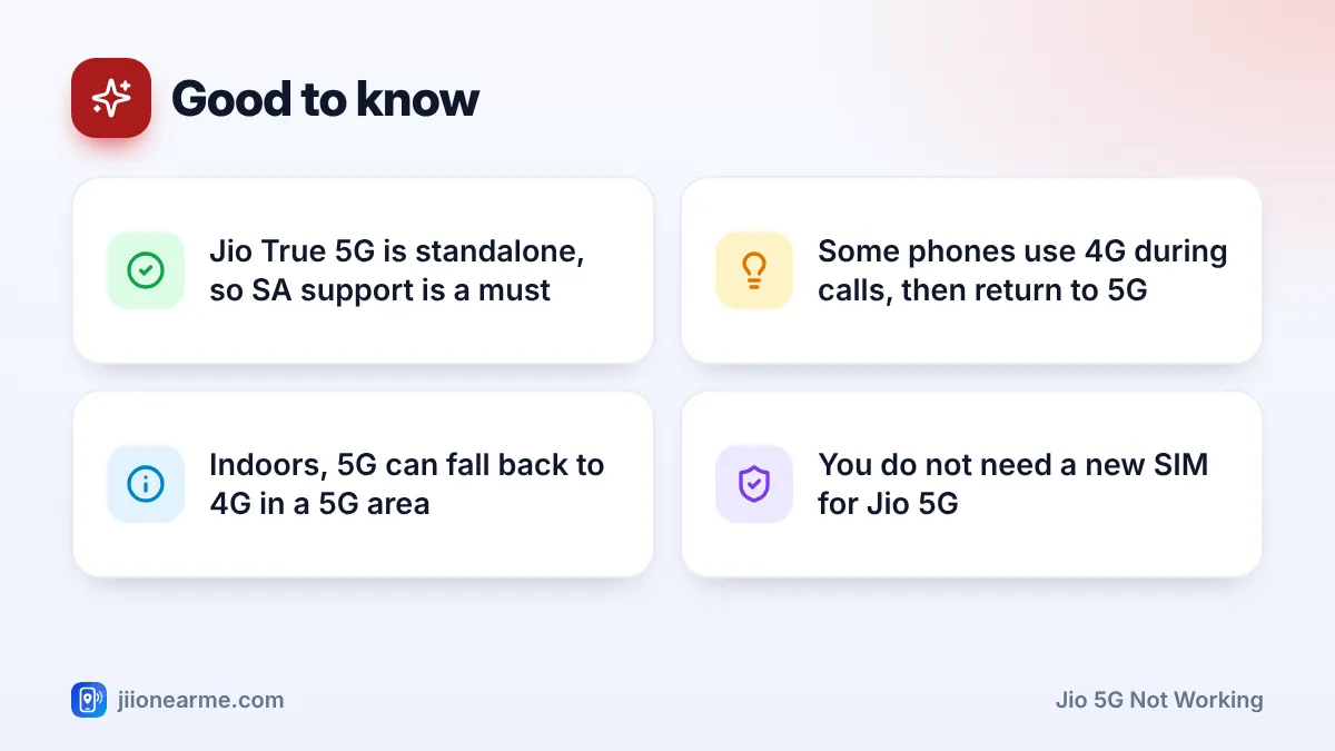 Good to know: 4 key tips infographic – Jio 5G Not Working? Why Your Phone Stays on 4G and What to Do