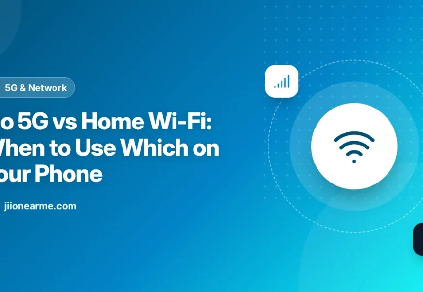 Illustration of a phone at home choosing between a 5G signal and a Wi-Fi router