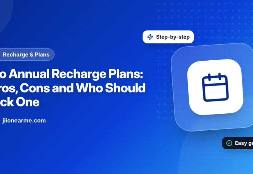 Illustration of a yearly calendar next to a phone showing a Jio annual prepaid plan