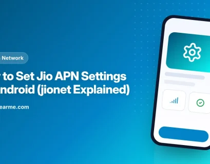 Illustration of an Android phone showing the Access Point Names screen with a Jio APN set to jionet