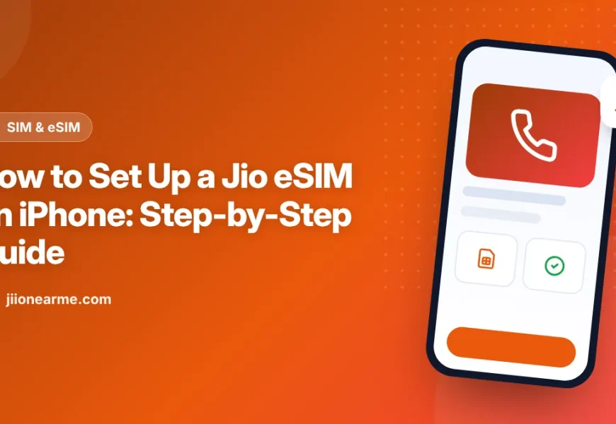 Illustration of an iPhone showing a Jio eSIM being installed in mobile settings