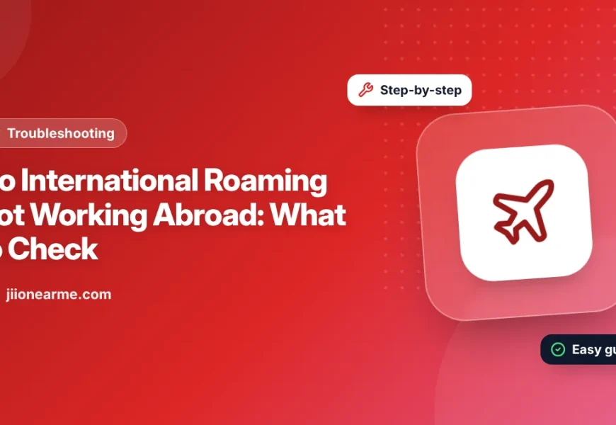 Illustration of a traveller at an airport checking a phone with a Jio roaming checklist