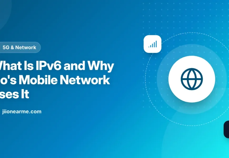 Illustration of a phone on Jio mobile data showing a long IPv6 address with colons next to a short IPv4 address