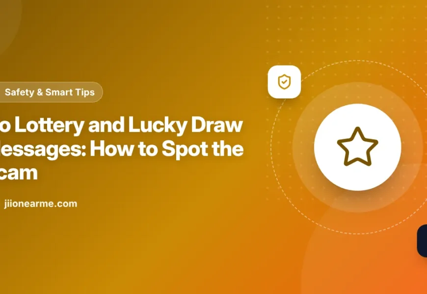 Illustration of a phone showing a fake lottery prize message with a large warning sign