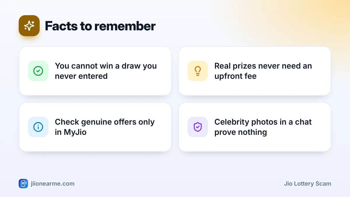 Facts to remember: 4 key tips infographic – Jio Lottery and Lucky Draw Messages