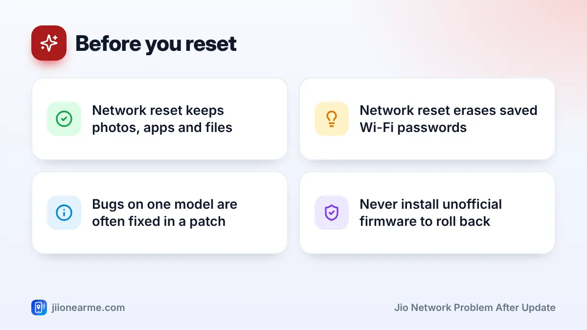 Before you reset: 4 key tips infographic – Jio Network Problems After a Phone Software Update